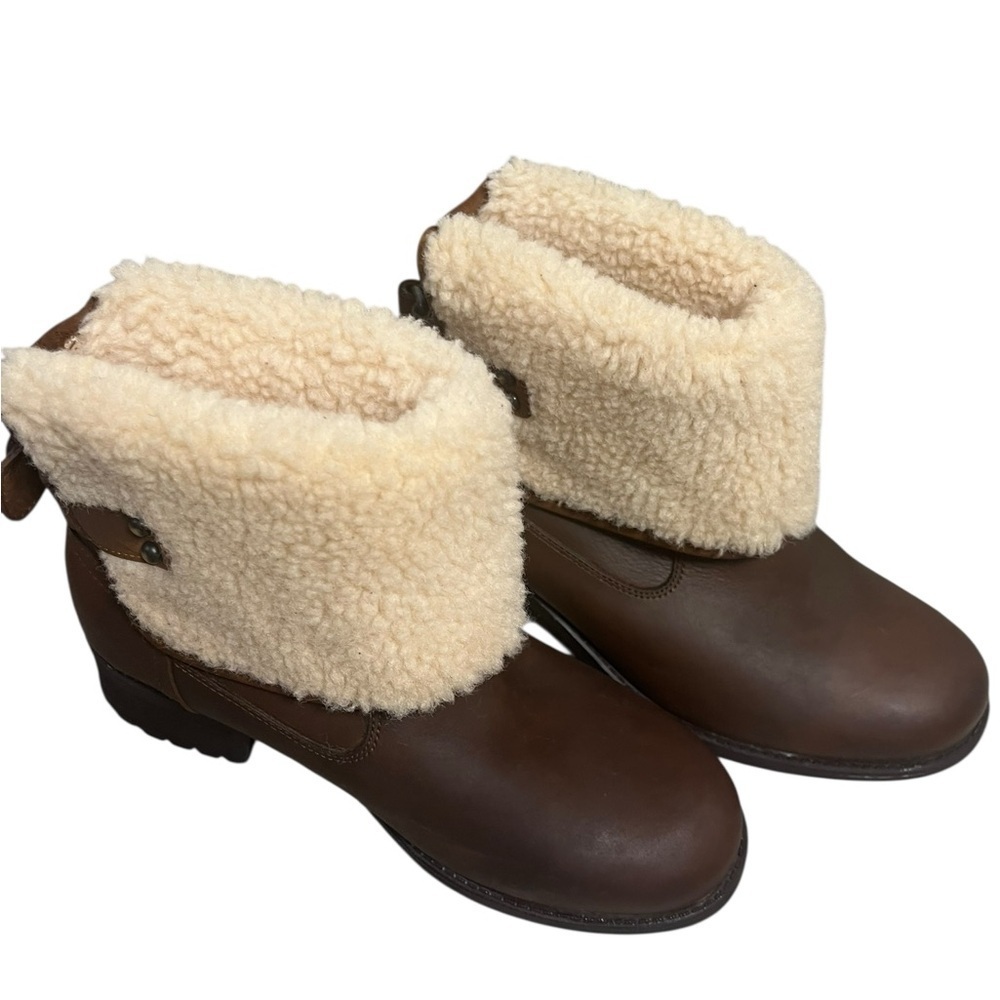 UGG Tan Leather Shearling Cuff Winter Ankle Boots Size 7 - Picture 4 of 9